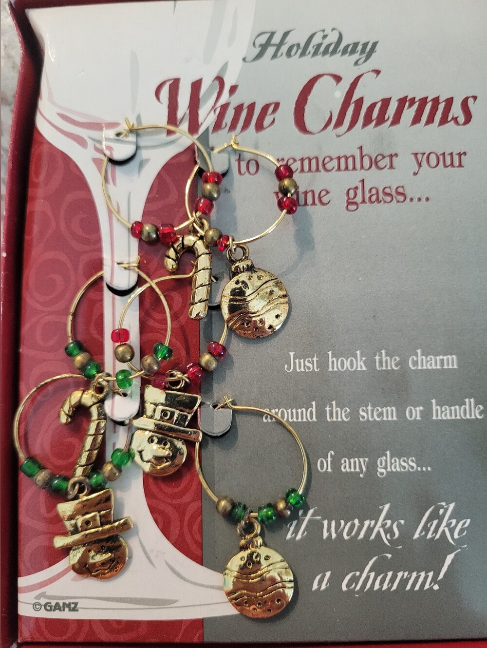 GANZ Wine Charms with Red and Green Beads and Holiday Themes